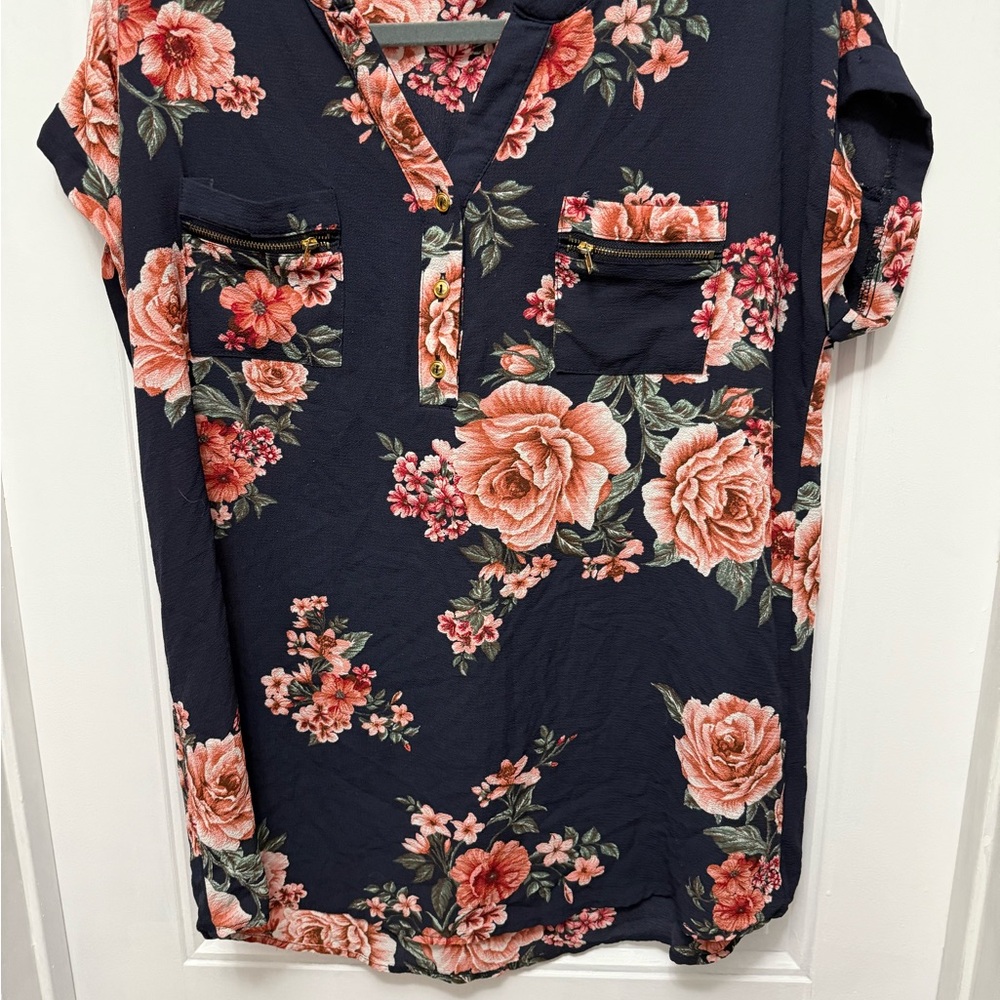 Sweet Wanderer Women's Blouse Navy Blue Floral Cap Sleeve Sz Large (21-9)